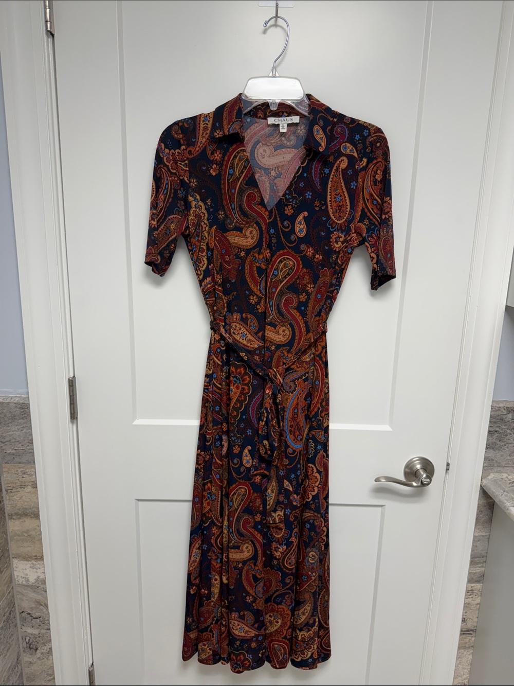 Chaus Navy Paisley Wrap Midi Dress with Rust Accents